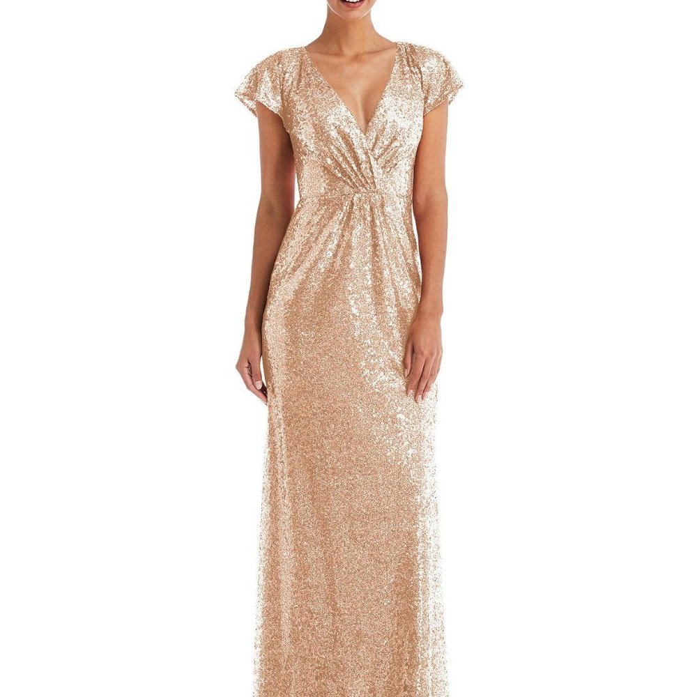 Cap Sleeve Wrap Bodice Sequin Maxi Dress...TH056...Copper Rose...Size 16 Long